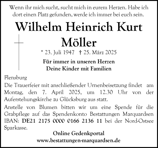Traueranzeige von Wilhelm Heinrich  Möller von Flensburger Tageblatt