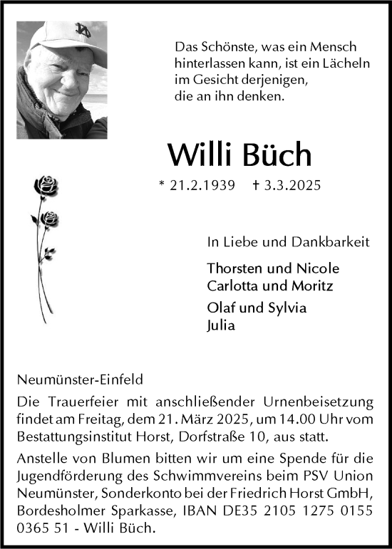Traueranzeige von Willi Büch von Holsteinischer Courier
