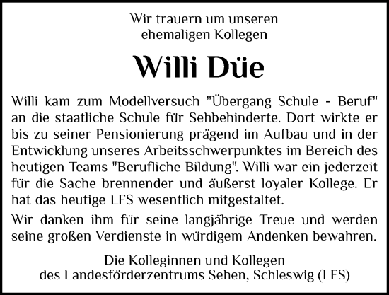 Traueranzeige von Willi Düe von Region Flensburg