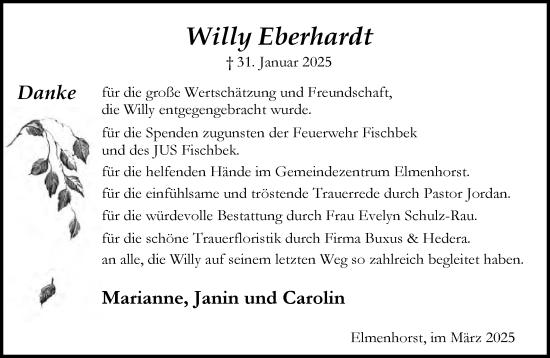 Traueranzeige von Willy Eberhardt von MARKT Bad Oldesloe/Reinfeld, MARKT Ahrensburg/Bargteheide/Trittau und Stormarner Tageblatt