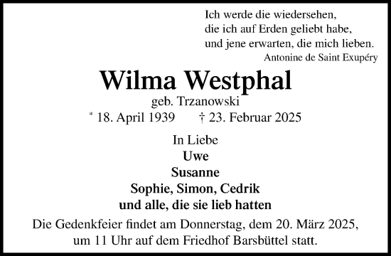 Traueranzeige von Wilma Westphal von MARKT Glinde/Reinfeld