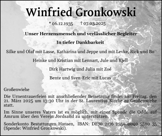 Traueranzeige von Winfried Gronkowski von Flensburger Tageblatt