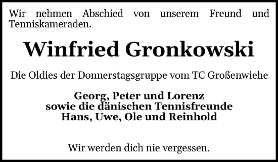 Traueranzeige von Winfried Gronkowski von Flensburger Tageblatt