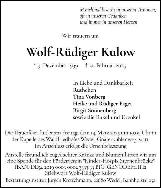 Traueranzeige von Wolf-Rüdiger Kulow von Wedel-Schulauer Tageblatt, tip Wedel-Schulauer Tageblatt, tip Rissener Rundschau