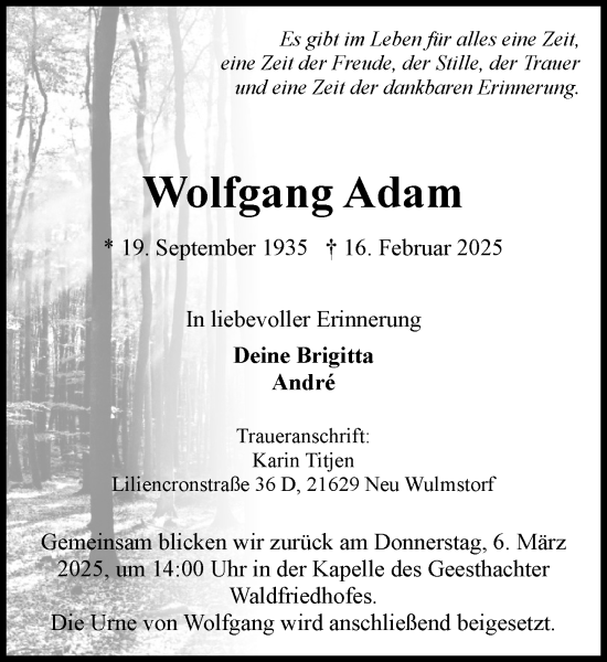 Traueranzeige von Wolfgang Adam von Wochenend Anzeiger
