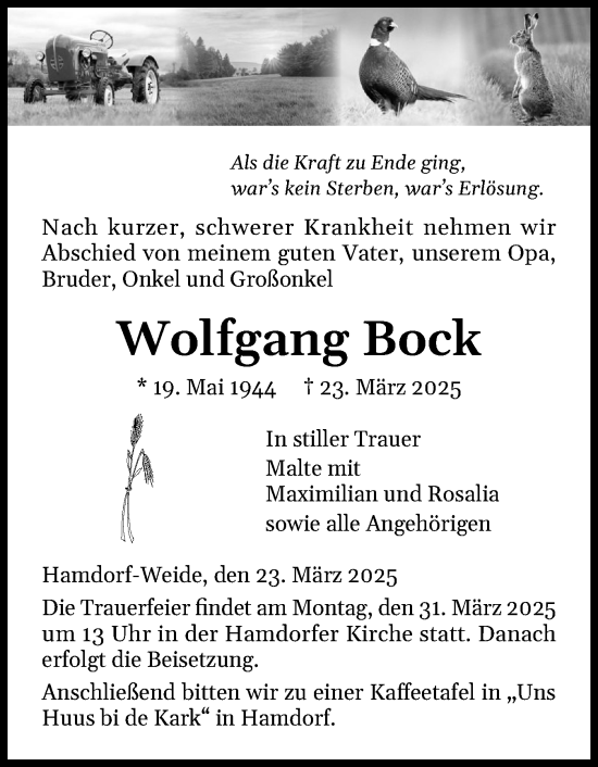 Traueranzeige von Wolfgang Bock von Schleswig-Holsteinische Landeszeitung