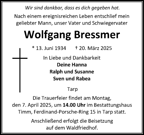 Traueranzeige von Wolfgang Bressmer von Flensburger Tageblatt