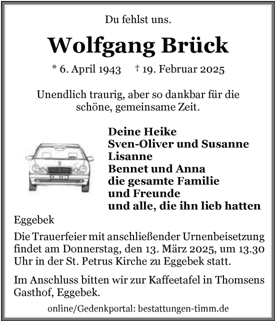 Traueranzeige von Wolfgang Brück von Flensburger Tageblatt