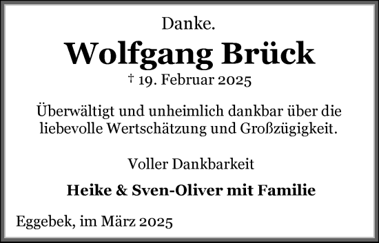 Traueranzeige von Wolfgang Brück von Flensburger Tageblatt