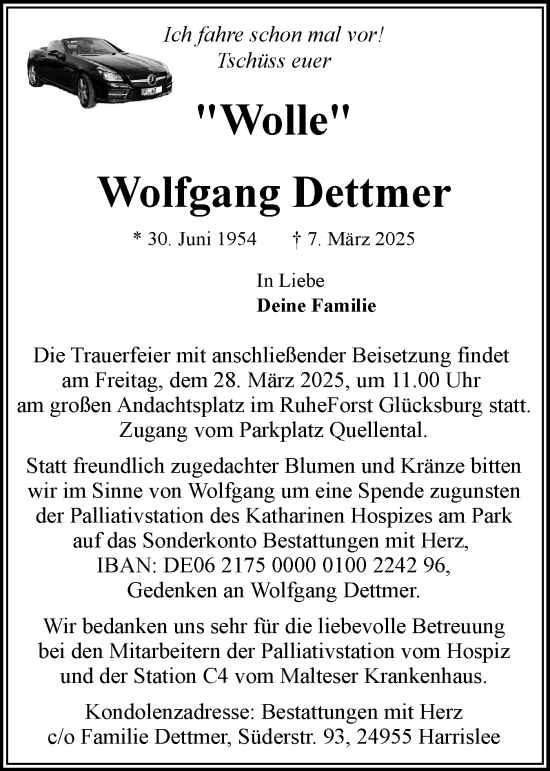 Traueranzeige von Wolfgang Dettmer von Flensburger Tageblatt