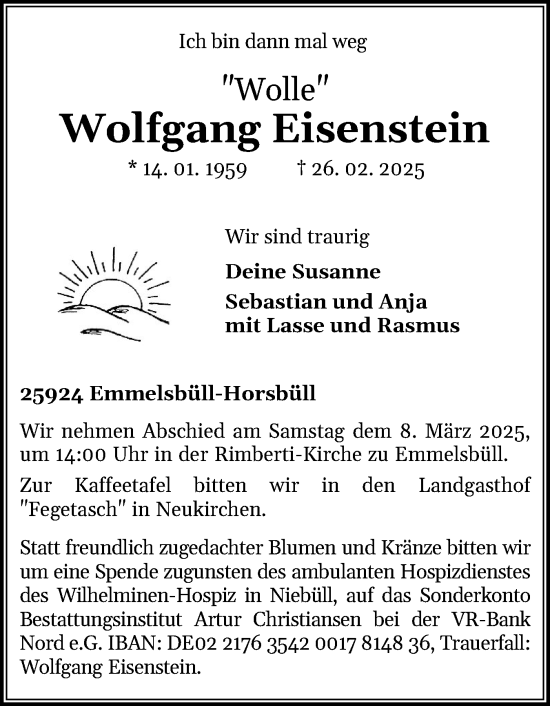 Traueranzeige von Wolfgang Eisenstein von Husumer Nachrichten, Nordfriesland Tageblatt