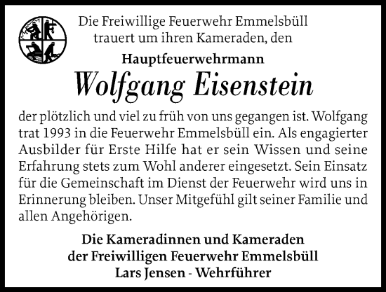 Traueranzeige von Wolfgang Eisenstein von Husumer Nachrichten, Nordfriesland Tageblatt