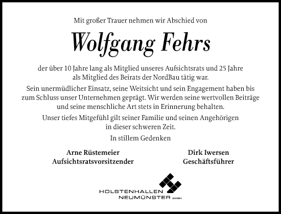 Traueranzeige von Wolfgang Fehrs von Holsteinischer Courier