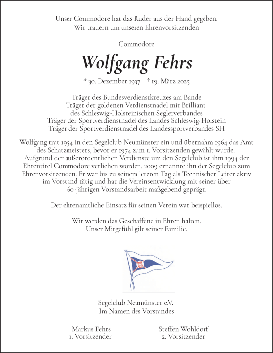 Traueranzeige von Wolfgang Fehrs von Holsteinischer Courier