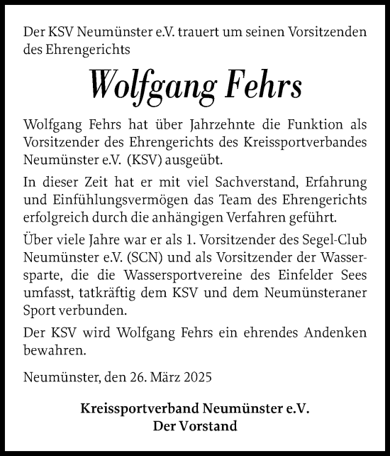 Traueranzeige von Wolfgang Fehrs von Holsteinischer Courier