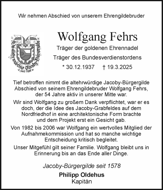 Traueranzeige von Wolfgang Fehrs von Holsteinischer Courier