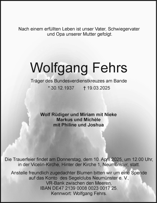 Traueranzeige von Wolfgang Fehrs von Holsteinischer Courier