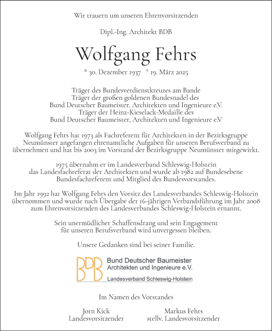 Traueranzeige von Wolfgang Fehrs von Holsteinischer Courier