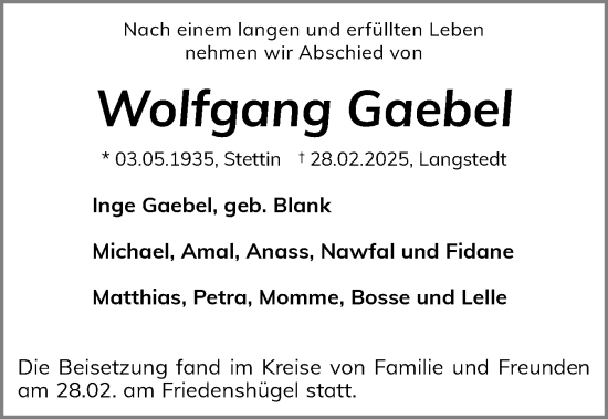 Traueranzeige von Wolfgang Gaebel von Flensburger Tageblatt