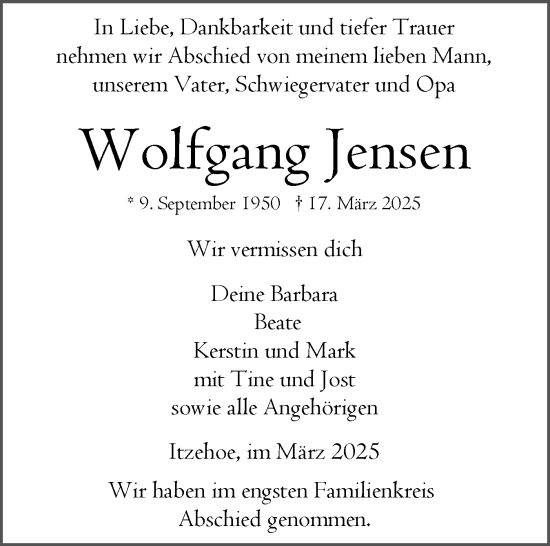 Traueranzeige von Wolfgang Jensen von Norddeutsche Rundschau, Wilstersche Zeitung, Glückstädter Fortuna