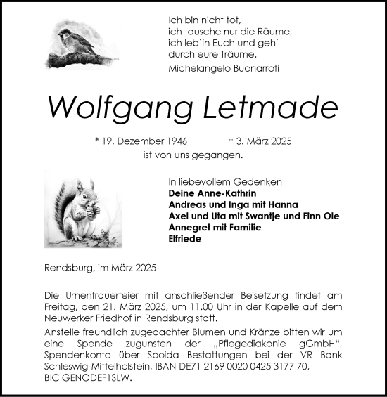 Traueranzeige von Wolfgang Letmade von Schleswig-Holsteinische Landeszeitung