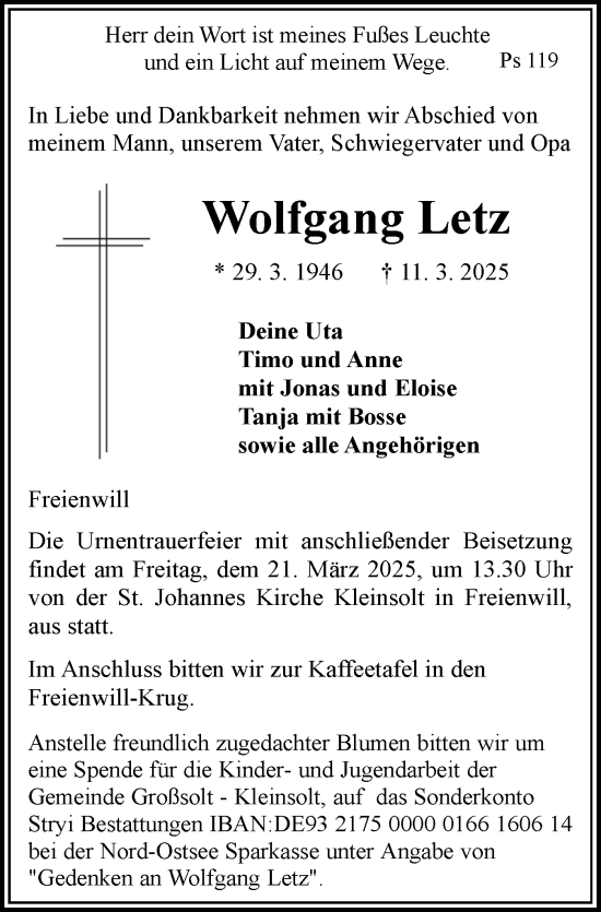 Traueranzeige von Wolfgang Letz von Flensburger Tageblatt