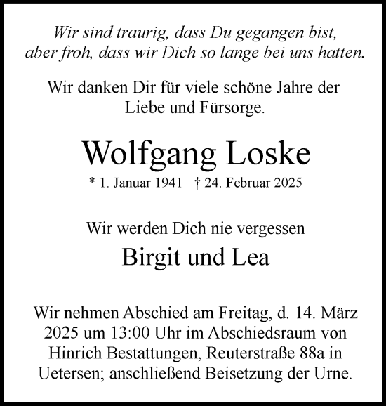 Traueranzeige von Wolfgang Loske von Uetersener Nachrichten, Der tip am Wochenende