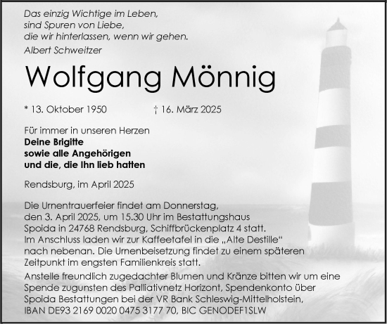 Traueranzeige von Wolfgang Mönnig von Schleswig-Holsteinische Landeszeitung