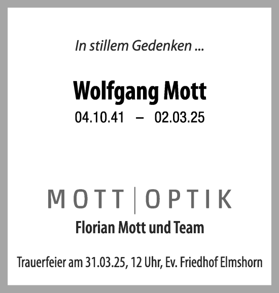 Traueranzeige von Wolfgang Mott von Region Pinneberg und tip Pinneberg