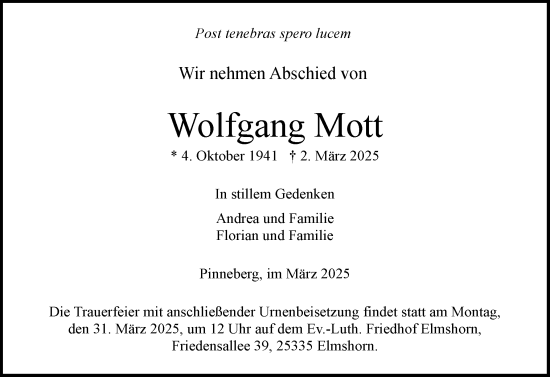 Traueranzeige von Wolfgang Mott von Region Pinneberg und tip Pinneberg