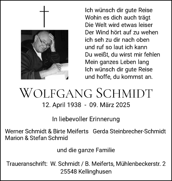 Traueranzeige von Wolfgang Schmidt von Norddeutsche Rundschau, Wilstersche Zeitung, Glückstädter Fortuna