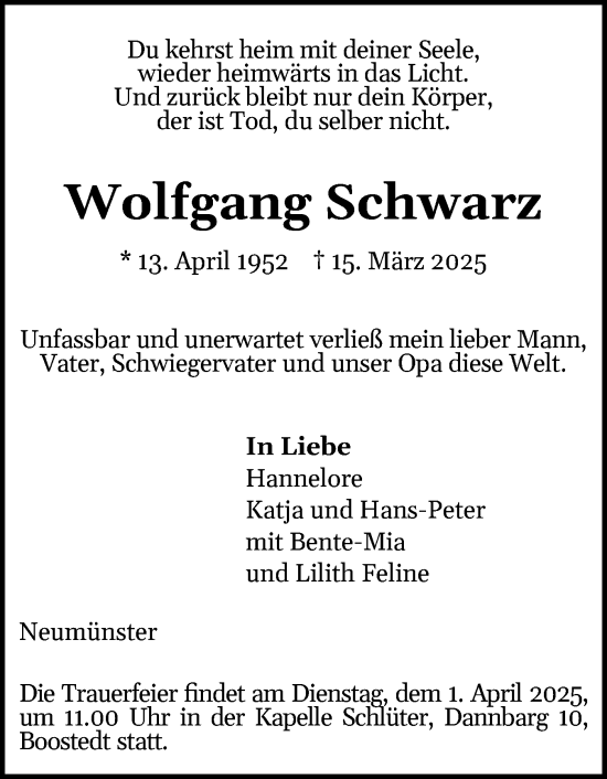 Traueranzeige von Wolfgang Schwarz von Holsteinischer Courier