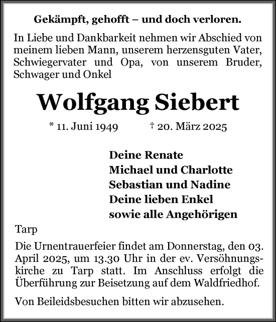 Traueranzeige von Wolfgang Siebert von Flensburger Tageblatt