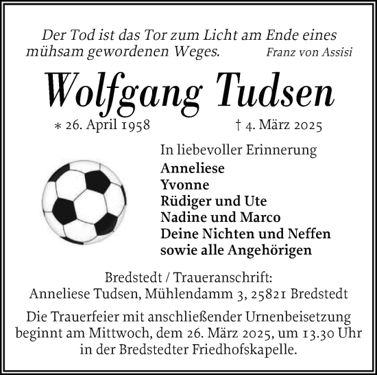 Traueranzeige von Wolfgang Tudsen von Husumer Nachrichten, Nordfriesland Tageblatt