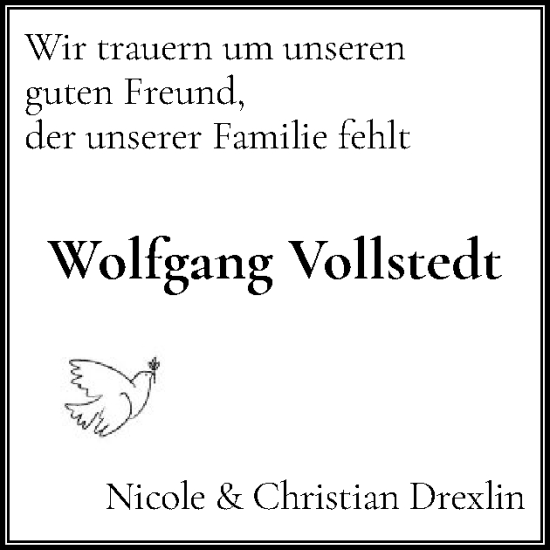 Traueranzeige von Wolfgang Vollstedt von Elmshorner Nachrichten, Barmstedter Zeitung