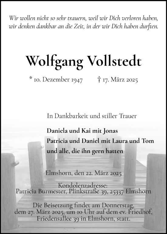 Traueranzeige von Wolfgang Vollstedt von Elmshorner Nachrichten, Barmstedter Zeitung