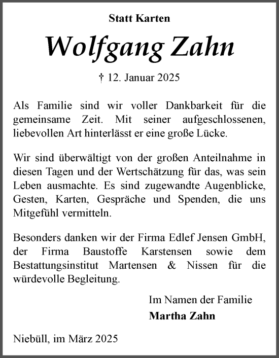 Traueranzeige von Wolfgang Zahn von Region Westküste