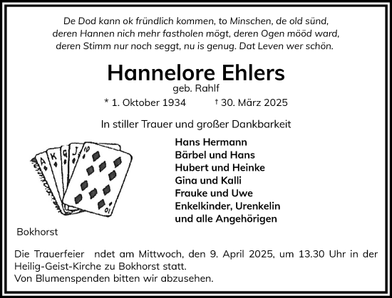 Traueranzeige von Hannelore Ehlers von Holsteinischer Courier