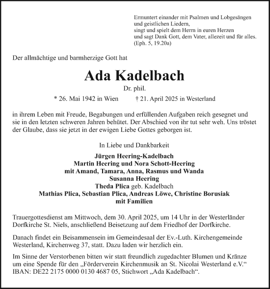 Traueranzeige von Ada Kadelbach von Sylter Rundschau