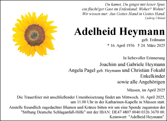 Traueranzeige von Adelheid Heymann von Wochenend Anzeiger