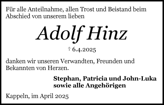 Traueranzeige von Adolf Hinz von Schleswiger Nachrichten, Schlei-Bote