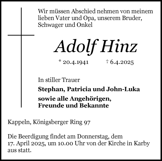 Traueranzeige von Adolf Hinz von Schleswiger Nachrichten, Schlei-Bote