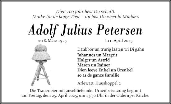 Traueranzeige von Adolf Julius Petersen von Husumer Nachrichten, Nordfriesland Tageblatt