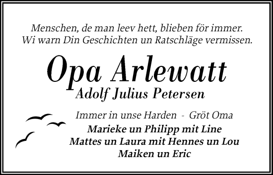 Traueranzeige von Adolf Julius Petersen von Husumer Nachrichten, Nordfriesland Tageblatt