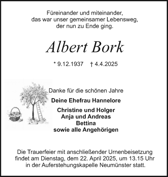 Traueranzeige von Albert Bork von Holsteinischer Courier
