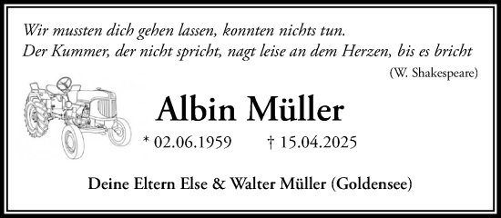 Traueranzeige von Albin Müller von MARKT Ratzeburg/Mölln