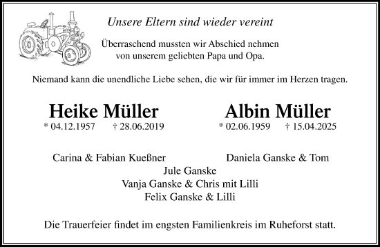 Traueranzeige von Albin Müller von MARKT Ratzeburg/Mölln