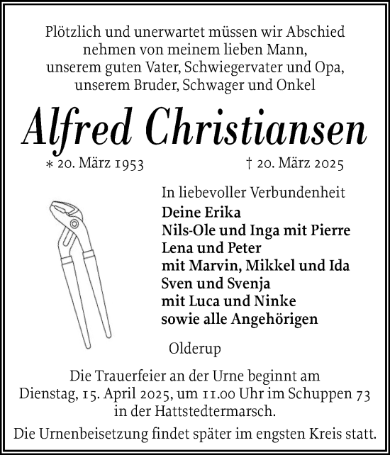 Traueranzeige von Alfred Christiansen von Husumer Nachrichten, Nordfriesland Tageblatt