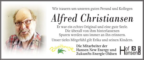 Traueranzeige von Alfred Christiansen von Husumer Nachrichten, Nordfriesland Tageblatt
