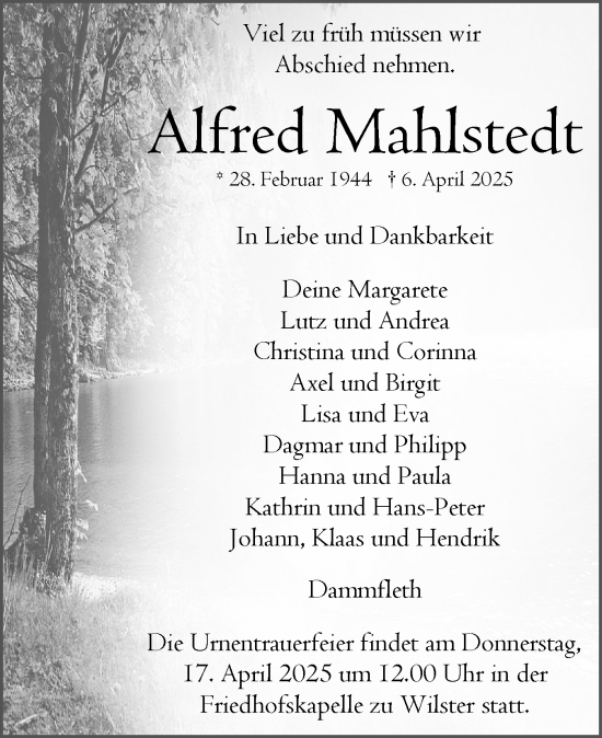 Traueranzeige von Alfred Mahlstedt von Norddeutsche Rundschau, Wilstersche Zeitung, Glückstädter Fortuna